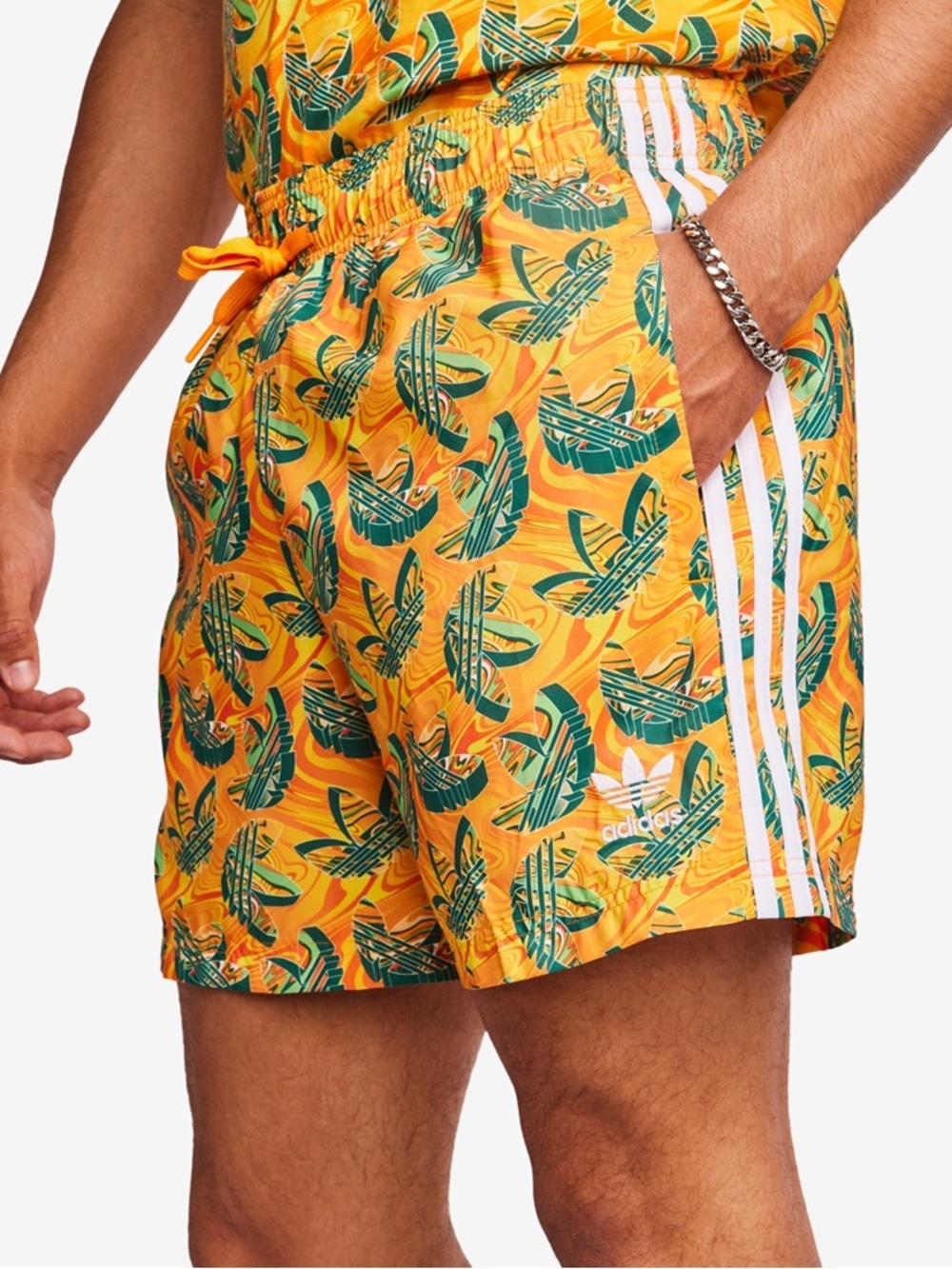 adidas all over trefoil print Swim Shorts, orange/green, Sz S